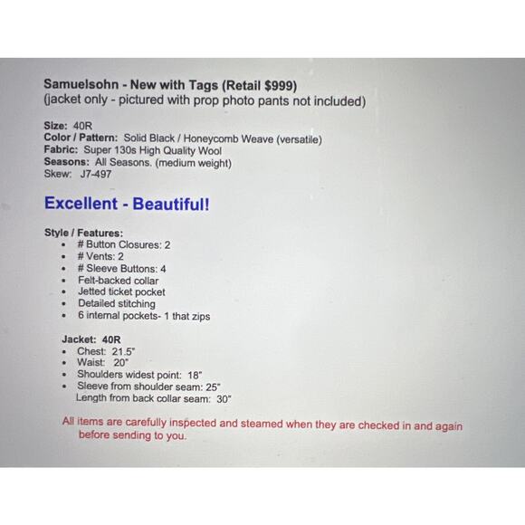 New Samuelsohn Blazer 40R Solid Black Sport Jacket Honeycomb Super 130s - Picture 11 of 16